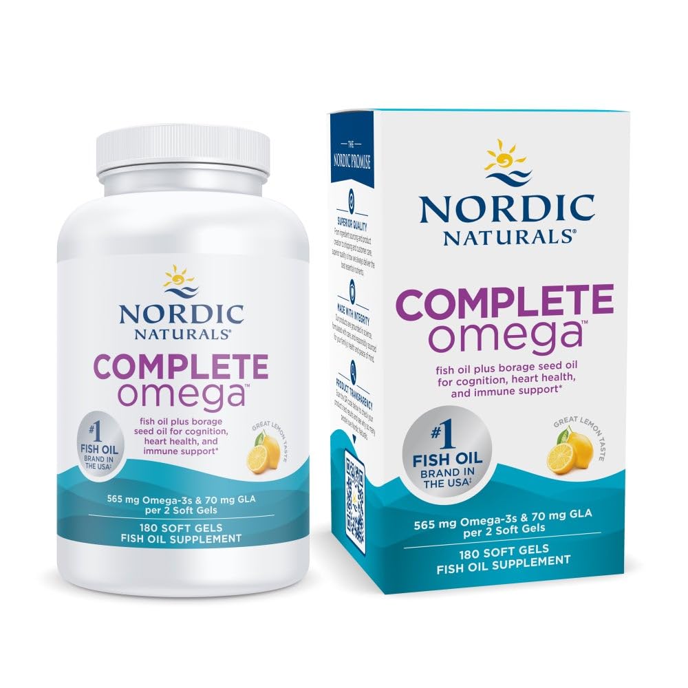 Nordic Naturals Complete Omega, Lemon Flavor - 180 Soft Gels - 565 mg Omega-3 - EPA & DHA with Added GLA - Healthy Skin, Cognition, & Positive Mood - Non-GMO - 90 Servings - Nirvana Guru