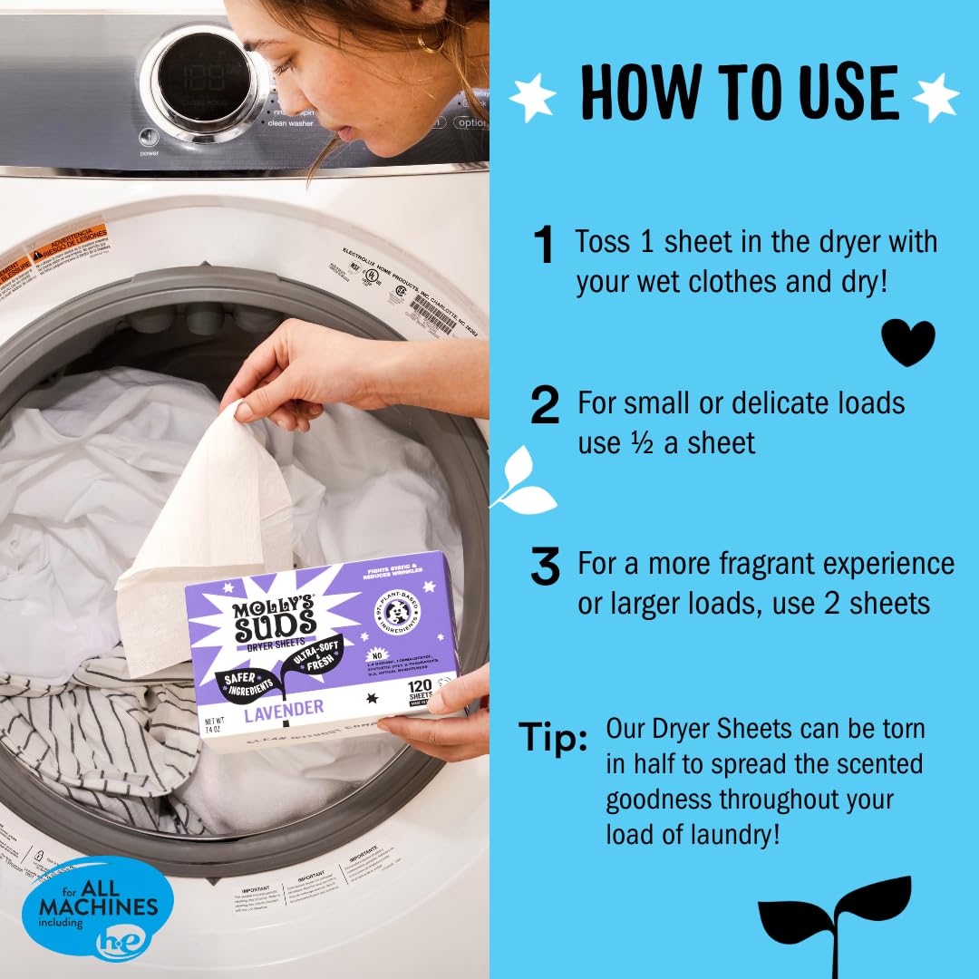 Molly's Suds Fabric Softener Dryer Sheets for Sensitive Skin | Plant-Based Static Reducer, Plastic-Free Packaging | Lavender (120 Sheets) Nirvana Guru