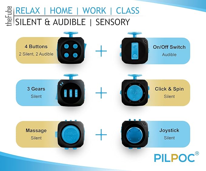 PILPOC theFube Fidget Cube – 6-Sided Infinity Stress Relief Toy for Adults & Kids | Focus & Mindfulness Aid with Silent & Audible Modes + Carry Case (Midnight) nirvanaguru