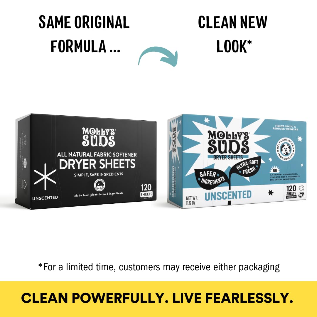 Molly's Suds Fabric Softener Dryer Sheets for Sensitive Skin | Plant-Based Static Reducer, Plastic-Free Packaging | Lavender (120 Sheets) Nirvana Guru