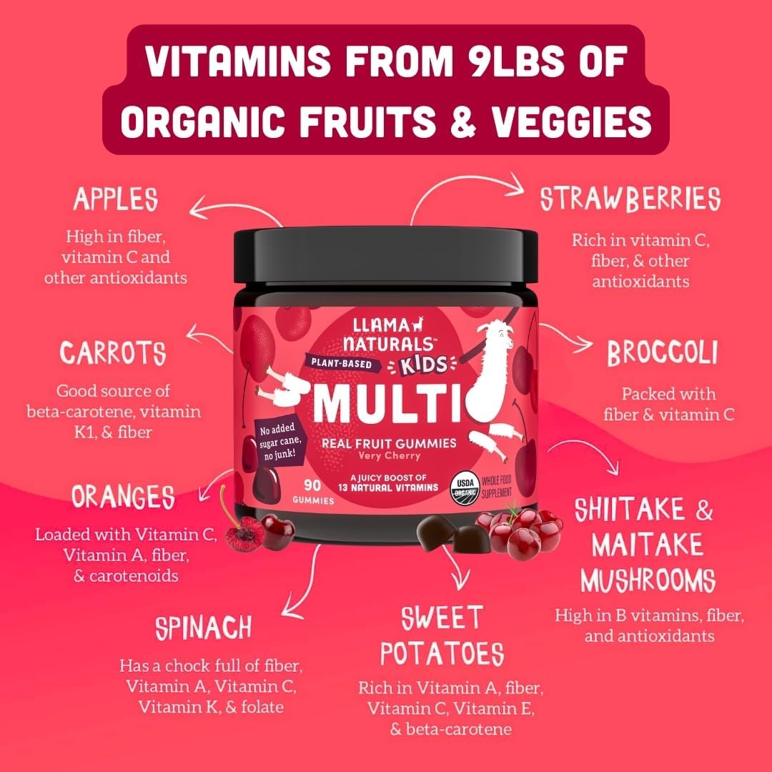 Llama Naturals Kids Multivitamin Gummies, Vegan, Organic with Vitamin D, C & K, Toddler Real Fruit Gummy Vitamins, Chewable Supplement, Whole Food Multivitamin, No Added Sugar Cane, Strawberry, 90 Ct Nirvana Guru