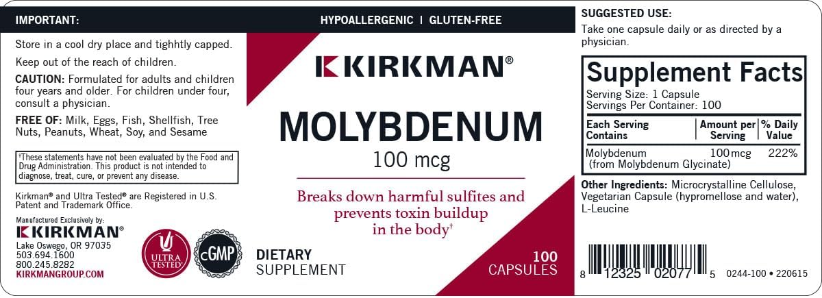 Kirkman - Molybdenum 100 mcg - 100 Capsules - Essential Minerals - Breaks Down Sulfites & Toxins - Hypoallergenic - Nirvana Guru