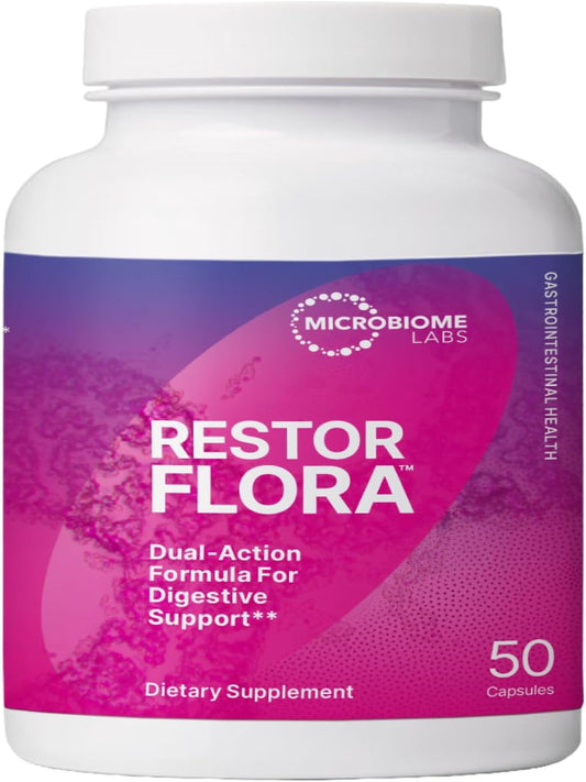 Microbiome Labs Restorflora Probiotics for Digestive Health - Gut Health Supplements with Dual Action Probiotics for Women, Men & Kids 5+ - Support Bowel Regularity & Immune Function (50 Capsules) - Nirvana Guru