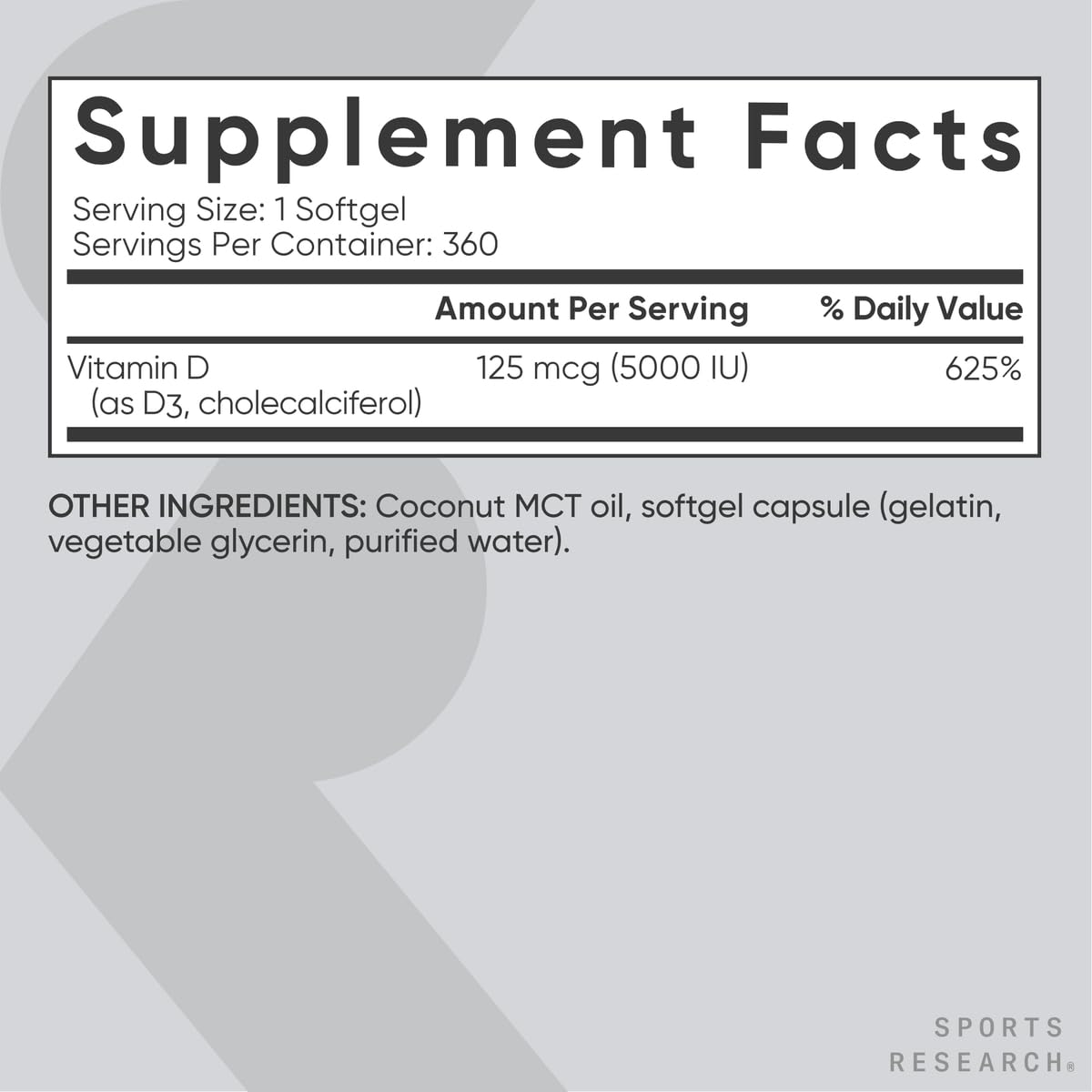 Sports Research Vitamin D3 5000iu (125mcg) with Coconut Oil ~ High Potency Vitamin D for Immune & Bone Support ~ Non-GMO Verified, Gluten & Soy Free (360 Mini-Liquid Softgels) - Nirvana Guru