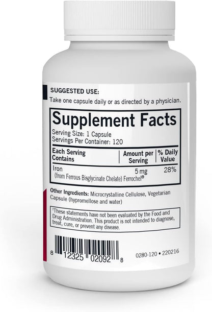 Kirkman - Iron Ferrochel 5mg - 120 Capsules - Aids Hemoglobin & Myoglobin Production - Supports Red Blood Cells Formation - Hypoallergenic - Nirvana Guru