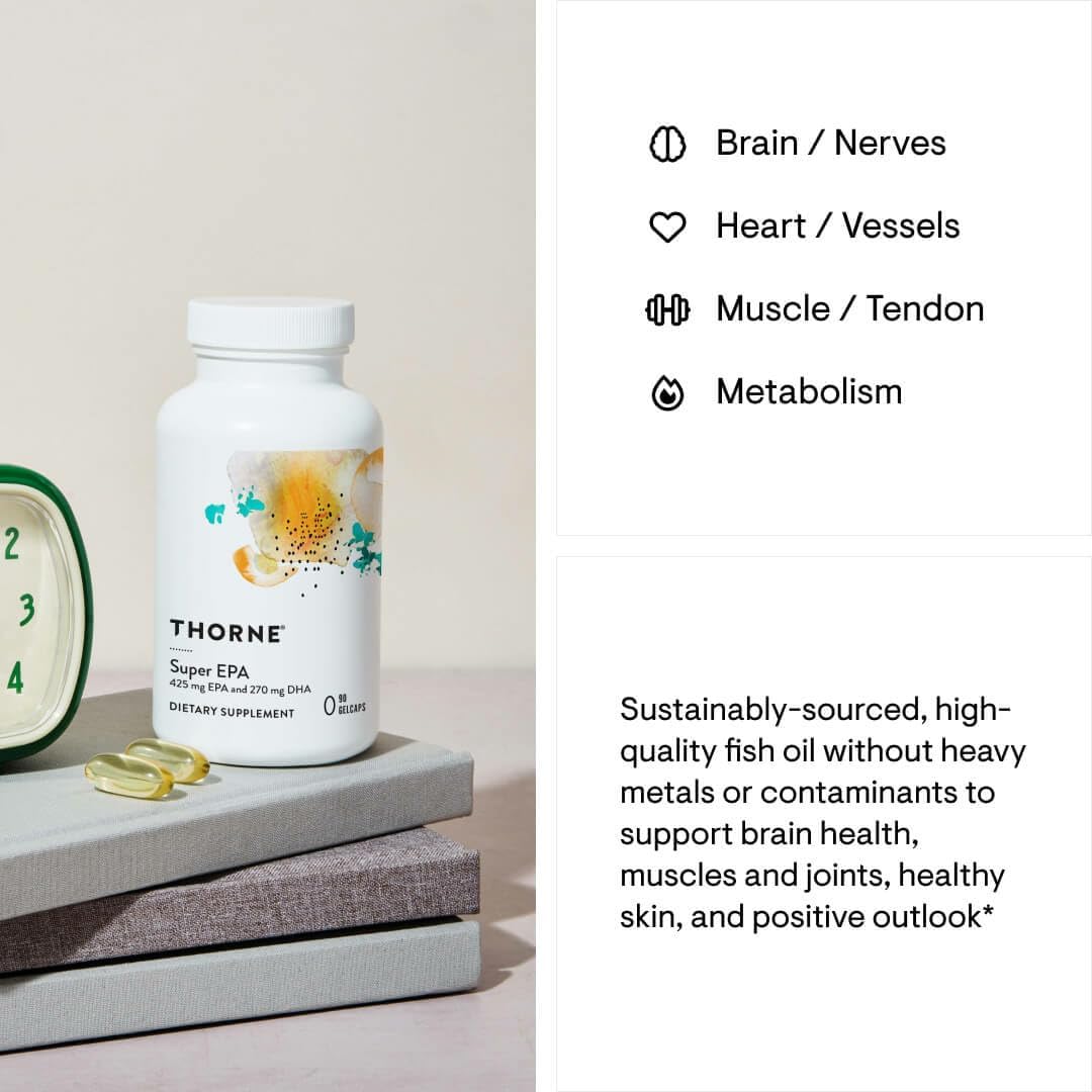 THORNE Super EPA - Omega-3 Fatty Acids EPA 425mg & DHA 270mg Supplement - Support Brain, Cardiovascular, Joints & Skin* - Gluten, Dairy & Soy-Free - 90 Gelcaps - Nirvana Guru