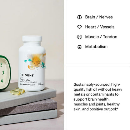 THORNE Super EPA - Omega-3 Fatty Acids EPA 425mg & DHA 270mg Supplement - Support Brain, Cardiovascular, Joints & Skin* - Gluten, Dairy & Soy-Free - 90 Gelcaps - Nirvana Guru