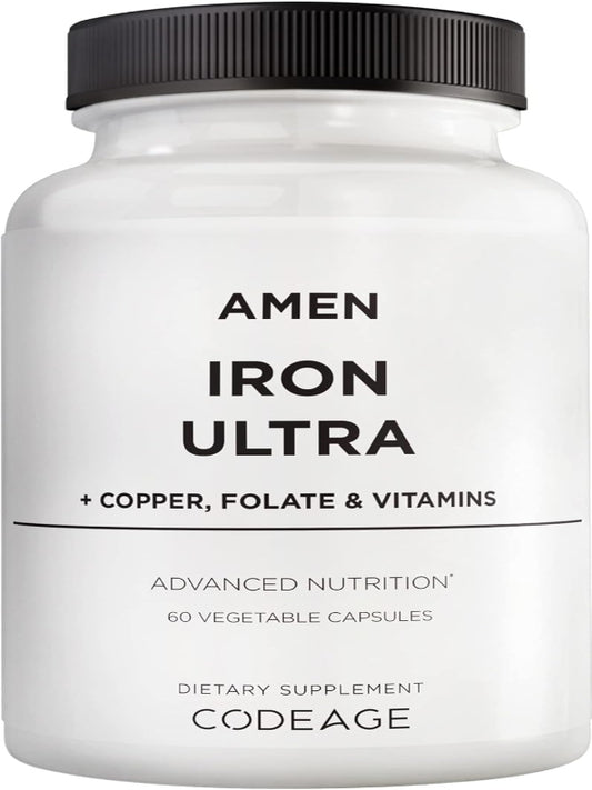 Amen Iron Ultra Supplement + Copper, Folate, Vitamin C and B12-2-Month Supply - Ferrous Sulfate Iron Vitamin - 65mg Per Serving - Folic Acid - Non-GMO Pills - 60 Capsules Nirvana Guru