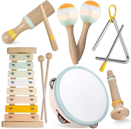 Baby Musical Instruments-Montessori Wooden Toys for Toddlers 1-3,Neutral Colors Percussion Instruments Set with Modern Boho Xylophone for Kids Preschool Educational 3+ nirvanaguru