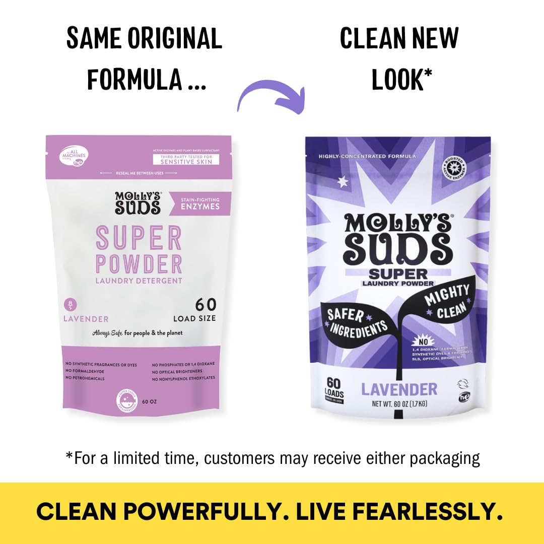 Molly's Suds Super Powder Detergent | Extra Strength Laundry Soap, Stain Fighting | Sensitive Skin | Simple, Effective Ingredients | 60 Loads - Lavender