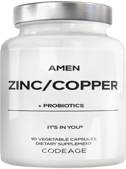 Amen Zinc & Copper Supplement + Probiotics, 3 Months Supply, One Per Day - 50 mg Zinc Picolinate Vitamin Pills - Essential Minerals Supplements – 2 Billion CFUs Probiotic – Vegan, Non-GMO, 90 Capsules Nirvana Guru