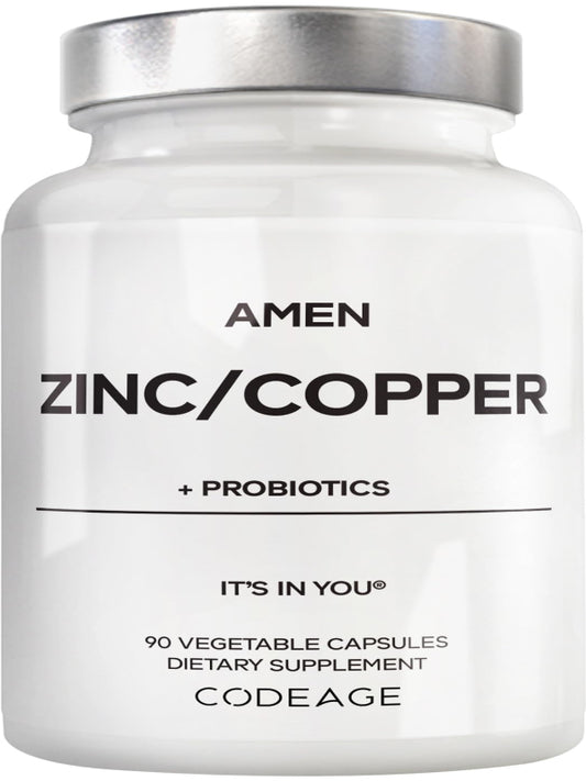 Amen Zinc & Copper Supplement + Probiotics, 3 Months Supply, One Per Day - 50 mg Zinc Picolinate Vitamin Pills - Essential Minerals Supplements – 2 Billion CFUs Probiotic – Vegan, Non-GMO, 90 Capsules Nirvana Guru