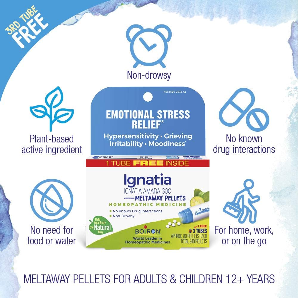 Boiron Ignatia Amara 30C Homeopathic Medicine for Relief from Emotional Stress, Hypersensitivity, Irritability, and Moodiness - 3 Count (240 Pellets) - Nirvana Guru