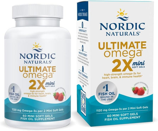 Nordic Naturals Ultimate Omega 2X Mini, Strawberry Flavor - 60 Mini Soft Gels - 1120 mg Omega-3 - High-Potency Omega-3 Fish Oil Supplement - EPA & DHA - Promotes Brain & Heart Health - 30 Servings - Nirvana Guru