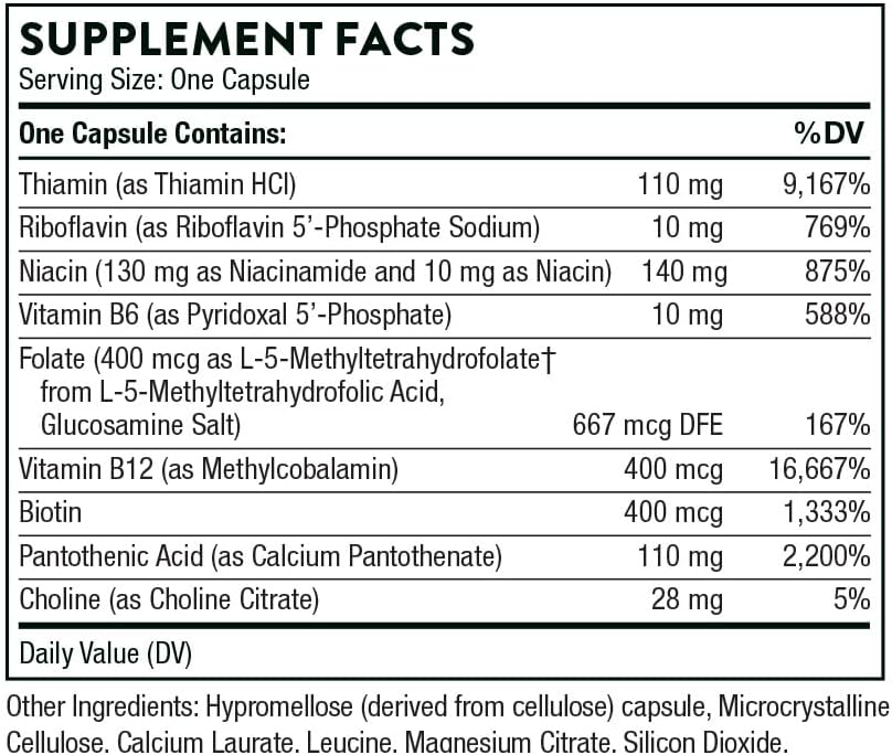 THORNE Basic B-Complex - Tissue-Ready Vitamin B Complex Supplement with Choline - Supports Cellular Energy Production, Brain Health & Red Blood Cell Formation* - Gluten-Free, Dairy-Free - 60 Capsules - Nirvana Guru
