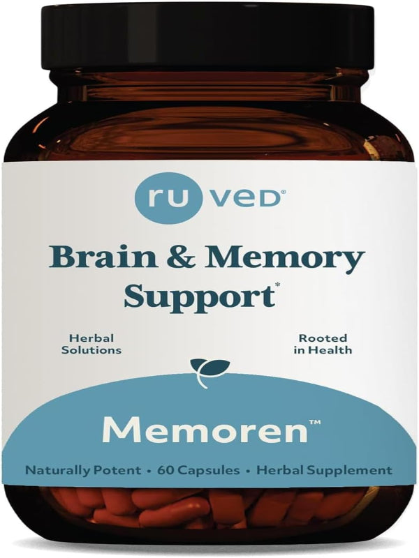 ruved Memoren, All-Natural Ayurvedic Focus and Memory Support with Ginkgo Biloba, Gotu Kola and Bacopa, Brain Health and Stress Care Supplement for Adults, 60 Vegetarian Capsules Nirvana Guru