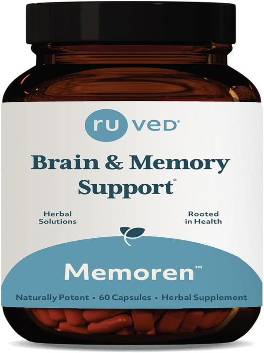 ruved Memoren, All-Natural Ayurvedic Focus and Memory Support with Ginkgo Biloba, Gotu Kola and Bacopa, Brain Health and Stress Care Supplement for Adults, 60 Vegetarian Capsules Nirvana Guru