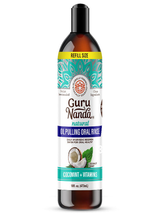 GuruNanda CocoMint Oil Pulling Mouthwash for Complete Oral Hygiene, 7 Essential Oils & Vitamins for Happy Teeth & Gums & Fresh Breath, Alcohol-Free, 16 oz Nirvana Guru