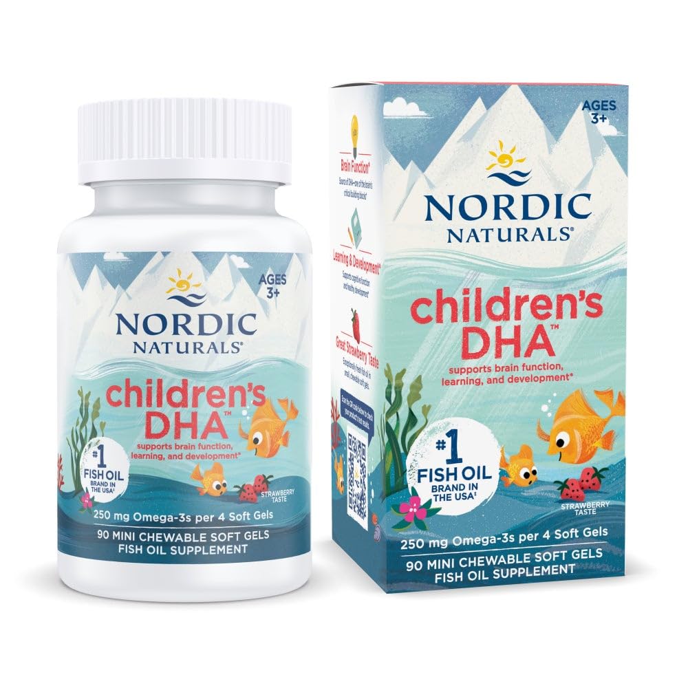 Nordic Naturals Children’s DHA, Strawberry - 120 Mini Chewable Soft Gels for Kids - 250 mg Omega-3 with EPA & DHA - Brain Development & Function - Non-GMO - 30 Servings - Nirvana Guru