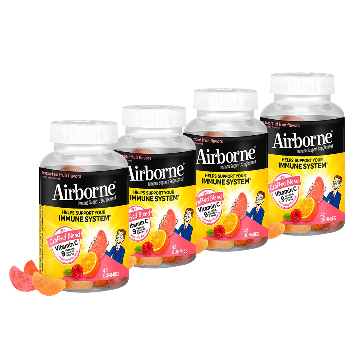 Airborne 750mg Vitamin C Immune Support Supplement Gummies for Adults, Assorted Fruit Flavor, Gluten Free Crafted Blend with Powerful Antioxidants Vitamins A C & E, 42 Gummies (4 Pack) Nirvana Guru