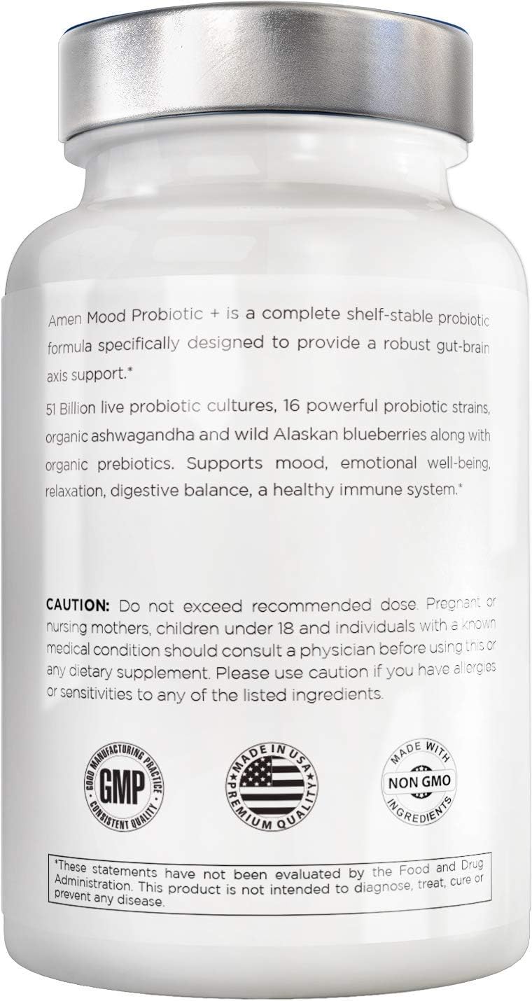 Amen Mood Probiotic Supplement 51 Billion CFU - Organic Prebiotics and Probiotics - Acidophilus Probiotic Pills, Fibers - Mood Organic Ashwagandha, Blueberries - Vegan & Non-GMO - 60 Capsules Nirvana Guru