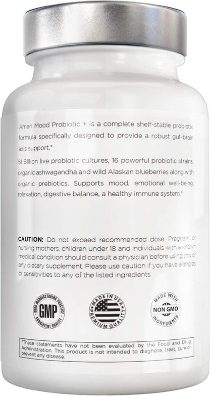Amen Mood Probiotic Supplement 51 Billion CFU - Organic Prebiotics and Probiotics - Acidophilus Probiotic Pills, Fibers - Mood Organic Ashwagandha, Blueberries - Vegan & Non-GMO - 60 Capsules Nirvana Guru