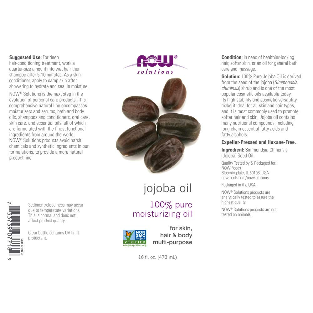 NOW Foods Solutions, Jojoba Oil, 100% Pure Moisturizing, Multi-Purpose Oil for Face, Hair and Body, 16-Ounce - Nirvana Guru