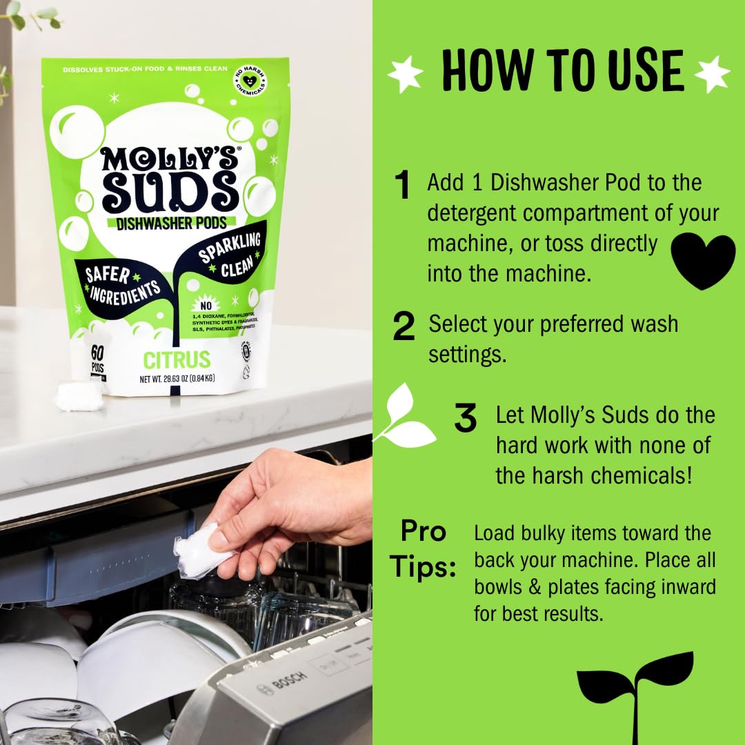Molly's Suds Dishwasher Pods | Clean Dishwasher Detergent, Cuts Grease & Rinses Clean (Residue-Free) for Sparkling Dishes | 60 Auto-Release Tabs (Citrus) Nirvana Guru