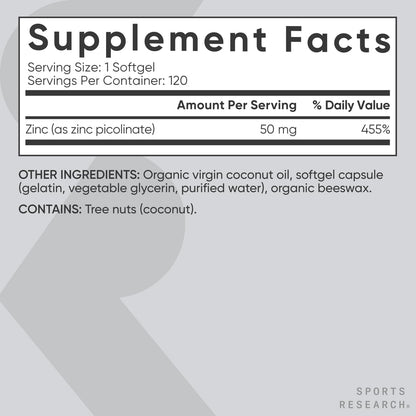 Sports Research Zinc Picolinate 50mg with Organic Coconut Oil | Highly Absorbable Zinc Supplement for Healthy Immune Function - Non-GMO Verified, Gluten & Soy Free (60 Liquid Softgels) - Nirvana Guru