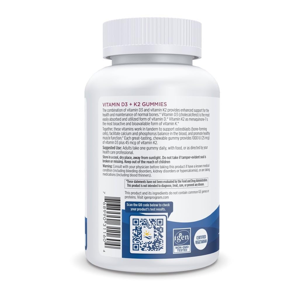 Nordic Naturals Vitamin D3 + K2 Gummies, Pomegranate - 60 Gummies - 1000 IU Vitamin D3 + 45 mcg K2 - Great Taste - Bone Health, Promotes Healthy Muscle Function - Non-GMO - 60 Servings - Nirvana Guru