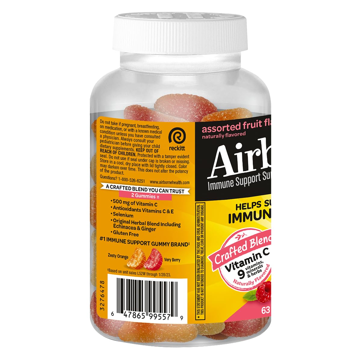 Airborne Vitamin C 500mg (per Serving) - Assorted Fruit Flavored Kids Gummies (63 Count in a Bottle), Gluten-Free Immune Support Supplement with Vitamins C E, Selenium Nirvana Guru