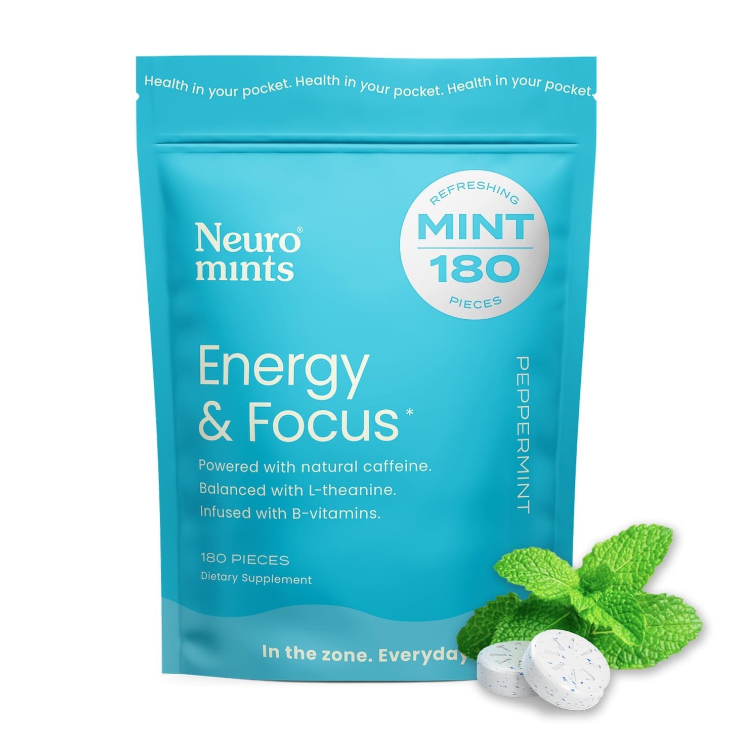 NeuroGum Energy & Focus Mints (Peppermint, 90 Pieces) | 40mg Natural Caffeine + L-Theanine + Vitamin B12 & B6 | Sugar Free Nootropic Cognitive Brain Performance Supplement