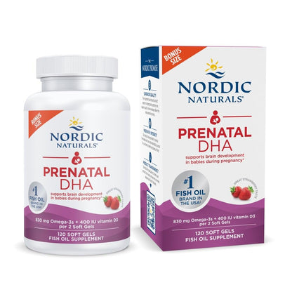 Nordic Naturals Prenatal DHA, Strawberry - 120 Soft Gels - 830 mg Omega-3 + 400 IU Vitamin D3 - Supports Brain Development in Babies During Pregnancy & Lactation - Non-GMO - 60 Servings - Nirvana Guru