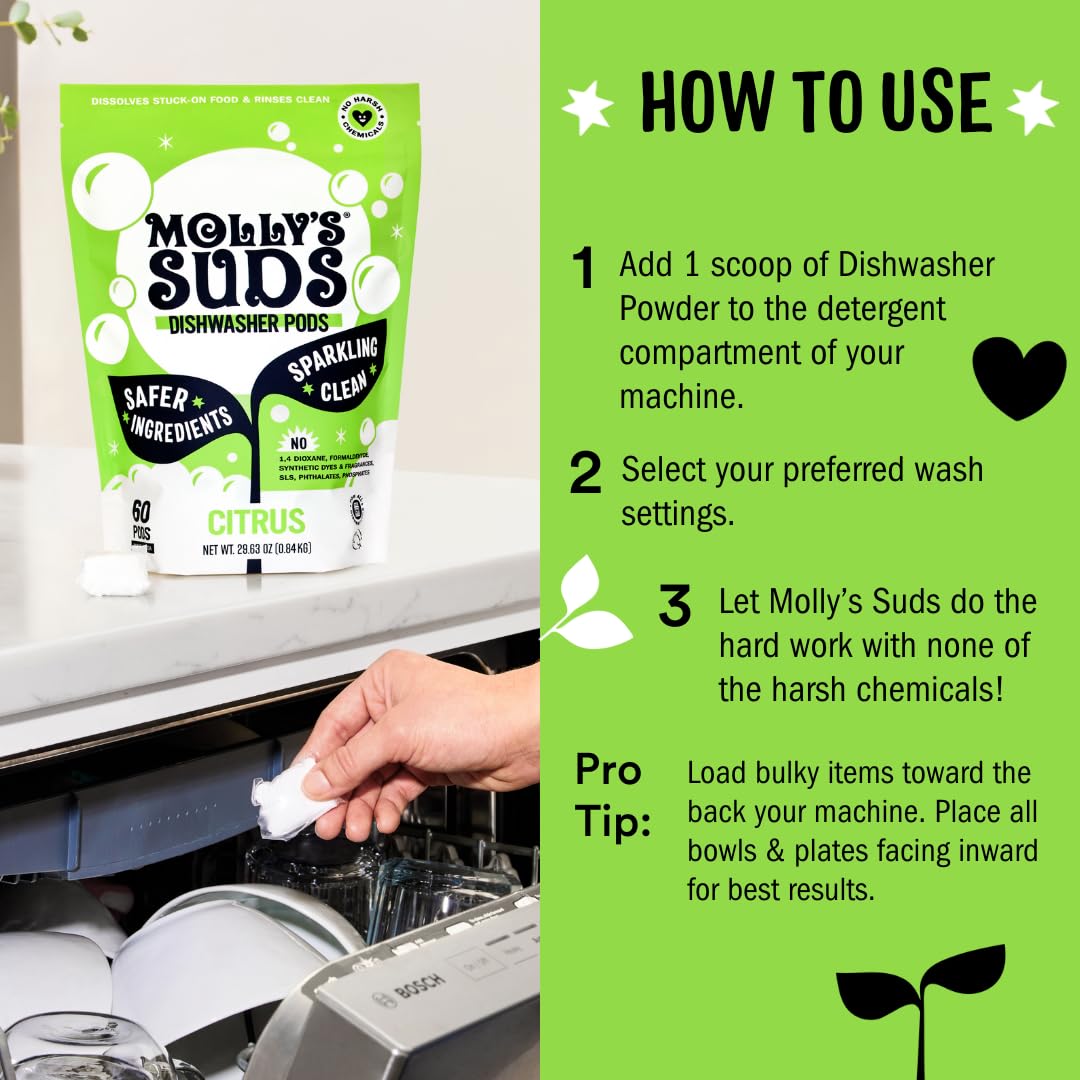 Molly's Suds Dishwasher Pods | Clean Dishwasher Detergent, Cuts Grease & Rinses Clean (Residue-Free) for Sparkling Dishes | 60 Auto-Release Tabs (Citrus) Nirvana Guru