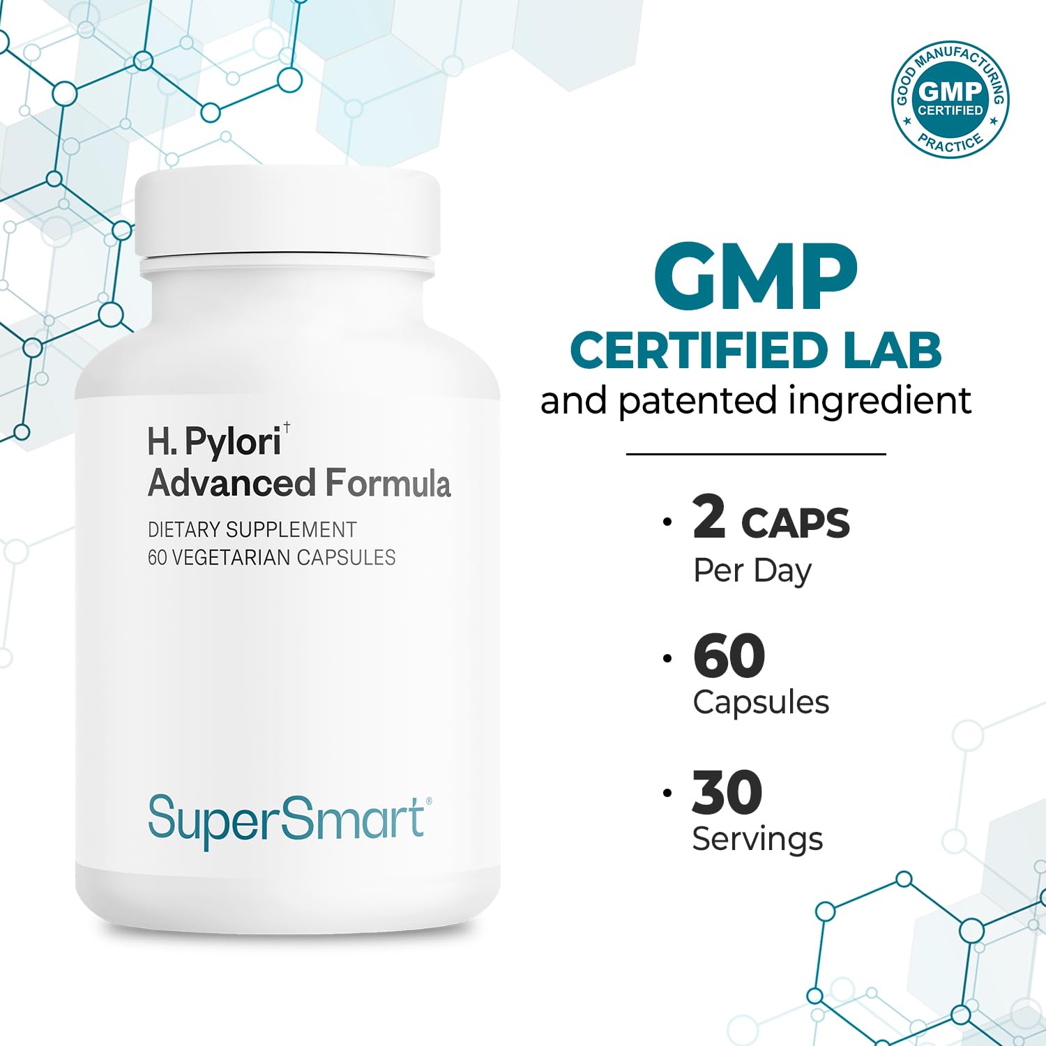 Supersmart H. Pylori Formula 20 Billion CFU per Day (High Potency) - Patented Pylopass Probiotic Lactobacillus Reuteri DSM 17648 Supplement | Non-GMO & Gluten Free - 60 Vegetarian Capsules Nirvana Guru