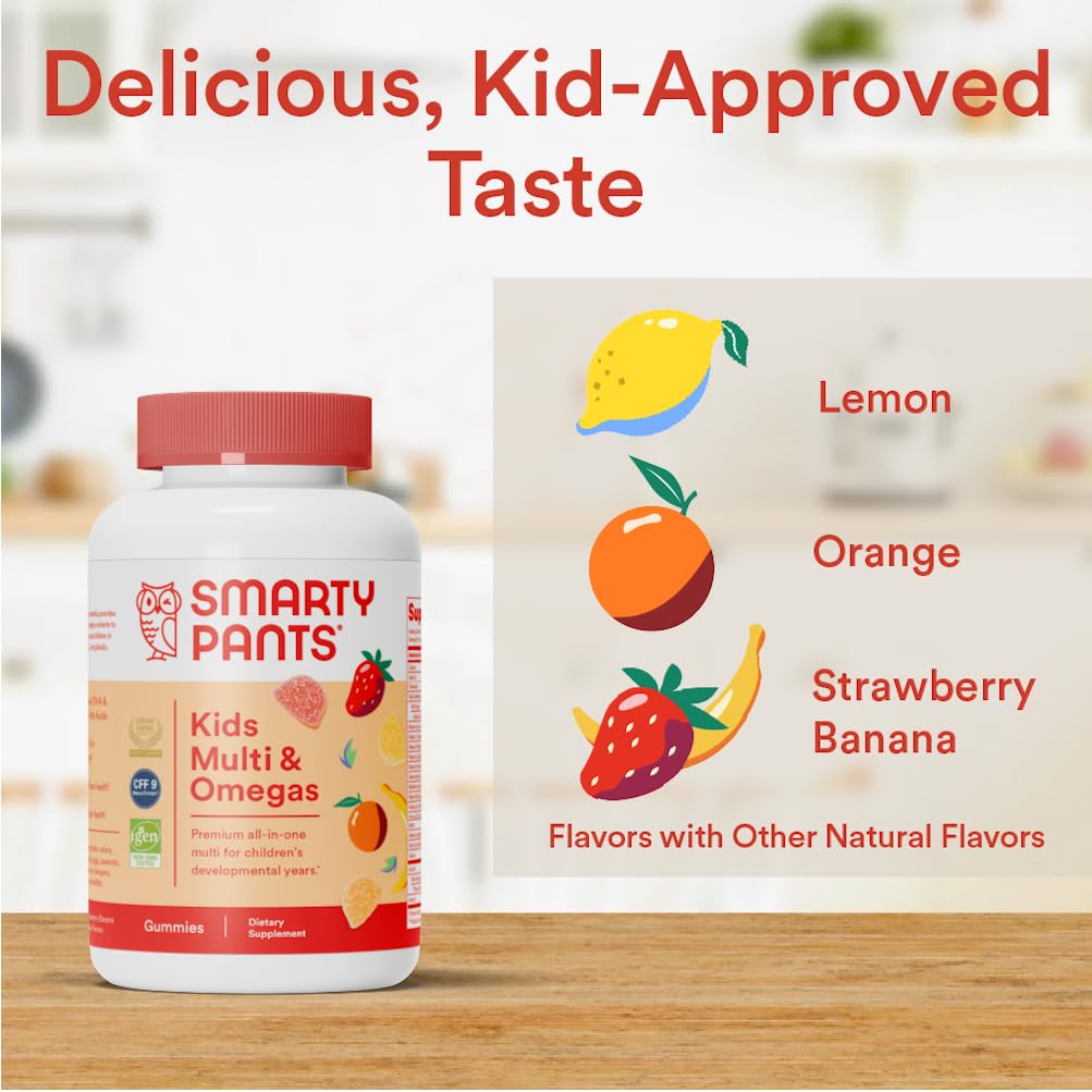 SmartyPants Kids Multivitamin Gummies - Improved Formula: Omega 3 (DHA/EPA), Vitamins D3, C, B12, B6, Vitamin A, K & Zinc, Gluten Free, Three Fruit Flavors, 60 Count (30 Day Supply)