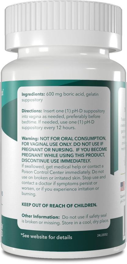 pH-D Feminine Health - 600 mg Boric Acid Suppositories - Woman Owned - for Vaginal Odor Use - 72 count