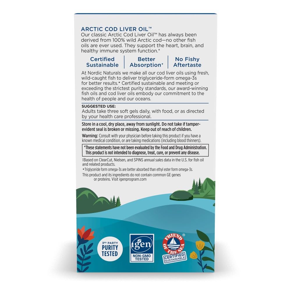 Nordic Naturals Arctic Cod Liver Oil, Lemon - 180 Soft Gels - 750 mg Total Omega-3s with EPA & DHA - Heart & Brain Health, Healthy Immunity, Overall Wellness - Non-GMO - 60 Servings - Nirvana Guru