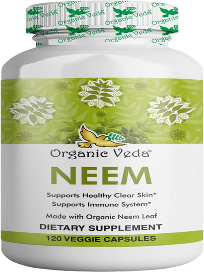 Organic Veda Neem Capsules, 1000mg - Organic Herbal Supplement Made with Ayurvedic India Neem Leaf Powder - Supports Radiant Skin, Immune, Detox, Healthy Inflammatory Response - 120 Veggie Capsules Nirvana Guru