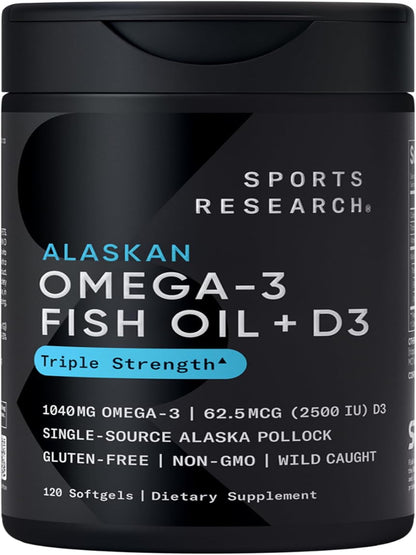 Sports Research® Alaskan Omega-3 Fish Oil 1040mg + Vitamin D3 2500iu - Supports Brain & Heart Health - MSC Certified Sustainable · Wild-Caught · Non-GMO · Triglyceride Form - 120 Count Softgels - Nirvana Guru