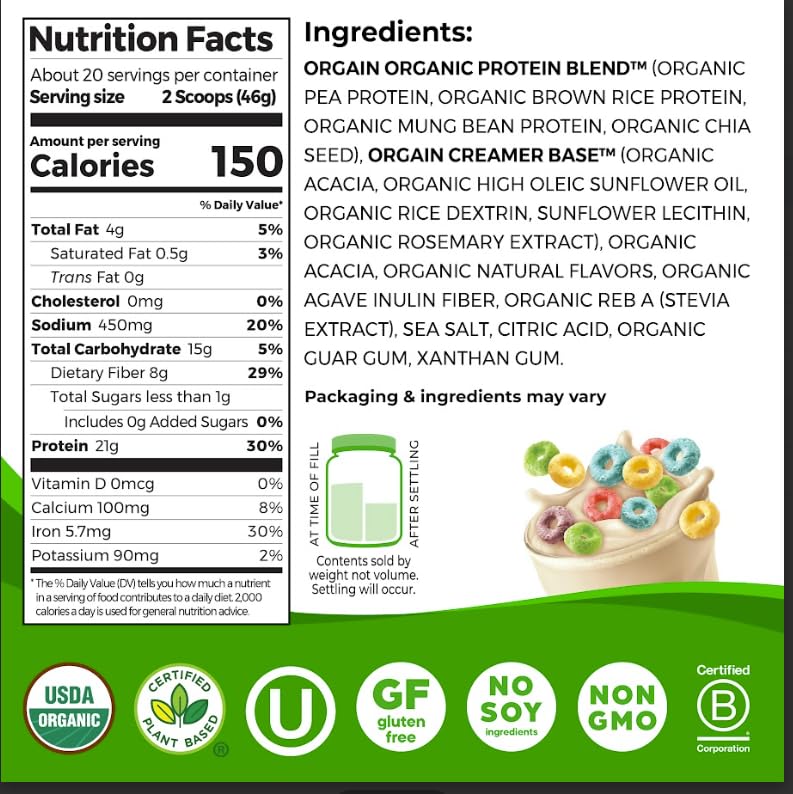 Orgain Organic Vegan Protein Powder, Vanilla Bean - 21g Plant Protein, 4g Prebiotic Fiber, No Lactose Ingredients, No Added Sugar, Non-GMO, For Shakes & Smoothies, 2.03 lb (Packaging May Vary)