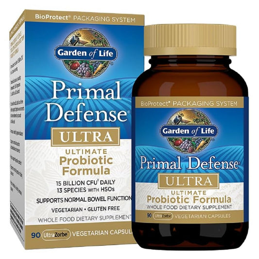 Garden of Life Primal Defense Ultra Ultimate Probiotic Formula - 15 Billion CFU and 13 Strains of Probiotics Plus HSOs for Healthy Digestive Balance, Vegetarian and Gluten Free, 90 Capsules - Nirvana Guru