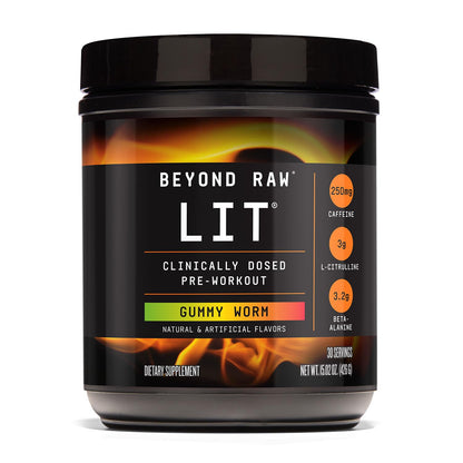 BEYOND RAW LIT Pre Workout Powder Supplement for Men and Women, Energy, Focus, Endurance, Pumps, Nitric Oxide Boost, 250mg Caffeine, Creatine, Beta Alanine, Gummy Worm, 30 Servings Nirvana Guru