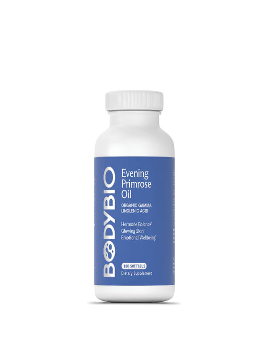BodyBio Evening Primrose Oil - Natural Gamma Linolenic Acid for Healthy Skin & Hormone Balance - Non-GMO, Cold Pressed, 180 softgels Nirvana Guru