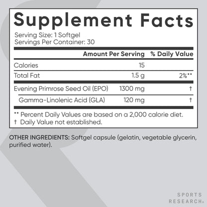 Sports Research Evening Primrose Oil (1300mg) Cold-Pressed with No fillers or Artificial Ingredients, Non-GMO Tested - Gluten and Soy Free (120 Liquid Softgels) - Nirvana Guru