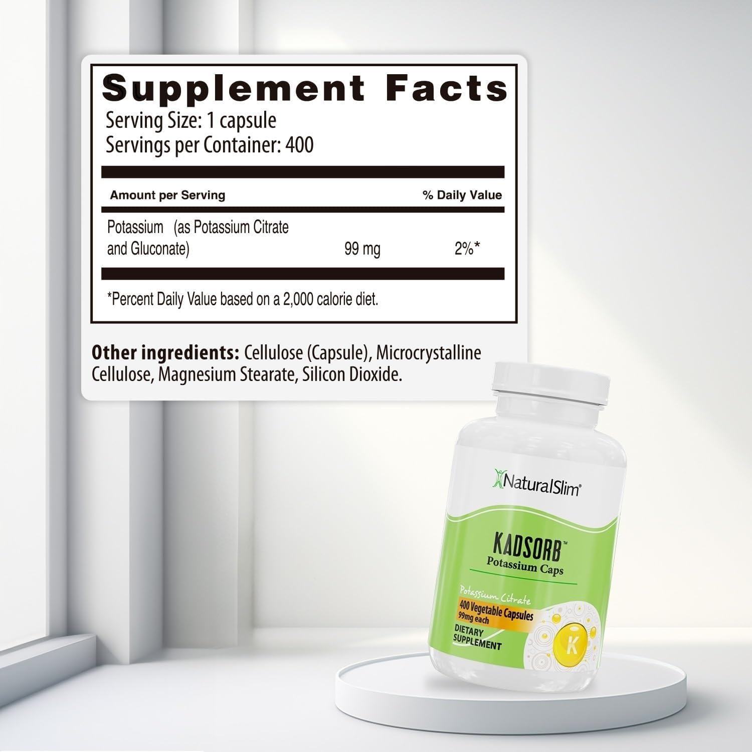 NaturalSlim Natural Potassium Citrate Gluconate 99 mg - Kadsorb Supports Electrolyte Balance & Normal pH - Absorbable Potassium Supplements with Essential Minerals - Non GMO 400 Capsules 1 Pack Nirvana Guru