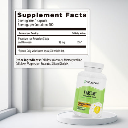 NaturalSlim Natural Potassium Citrate Gluconate 99 mg - Kadsorb Supports Electrolyte Balance & Normal pH - Absorbable Potassium Supplements with Essential Minerals - Non GMO 400 Capsules 1 Pack Nirvana Guru