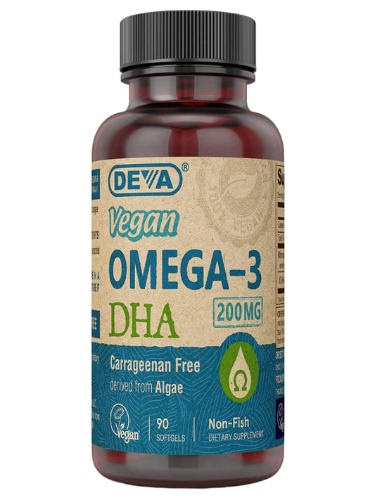 DEVA Vegan Omega-3 DHA Supplement, Once-Per-Day Softgel 200 MG, Carrageenan Free, Gelatin Free, Non-Fish, Algae Oil, Omega-3 Fatty Acids - 90 Softgels - Nirvana Guru