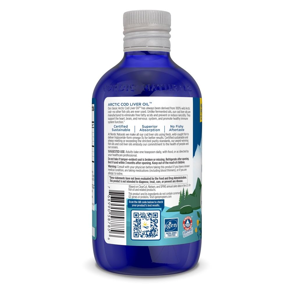 Nordic Naturals Arctic Cod Liver Oil, Orange - 16 oz - 1060 mg Total Omega-3s with EPA & DHA - Heart & Brain Health, Healthy Immunity, Overall Wellness - Non-GMO - 96 Servings - Nirvana Guru