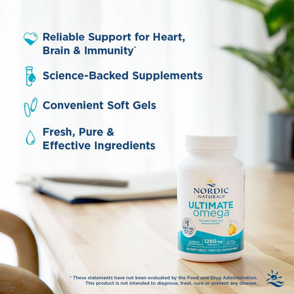 Nordic Naturals Ultimate Omega, Lemon Flavor - 90 Soft Gels - 1280 mg Omega-3 - High-Potency Omega-3 Fish Oil Supplement with EPA & DHA - Promotes Brain & Heart Health - Non-GMO - 45 Servings - Nirvana Guru